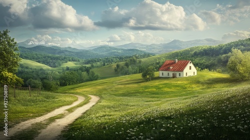 Rural house on a grassy hill with a dirt path leading to a mountain range in the distance.