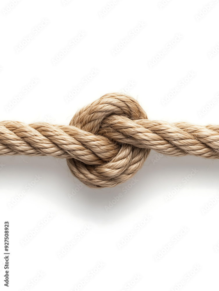 Close-up image of a simple knot tied in a thick, natural rope isolated on white background Close-up image of a simple knot tied in a thick, natural rope isolated on white background