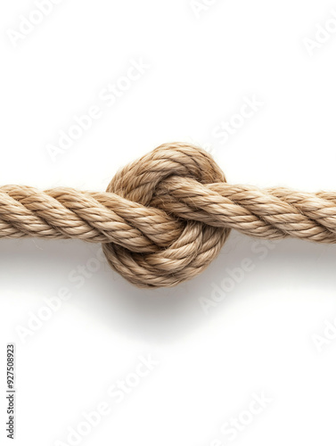 Close-up image of a simple knot tied in a thick, natural rope isolated on white background