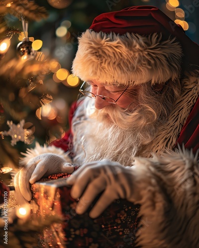 Capture a magical moment of Santa Claus placing gifts under a Christmas tree, with the soft glow of the tree lights and a cozy, peaceful atmosphere, clear light, realistic photo li