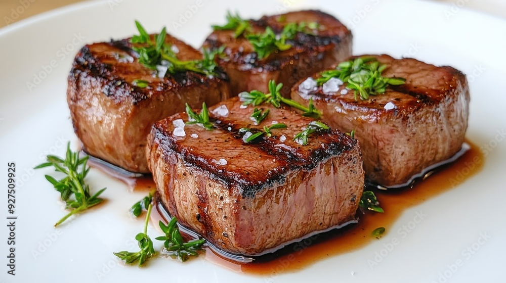 Perfectly grilled Wagyu steak, medium-rare, with a light char on the edges and a juicy, tender center, plated with fresh herbs and sea salt Perfectly grilled Wagyu steak, medium-rare, with a light char on the edges and a juicy, tender center, plated with fresh herbs and sea salt