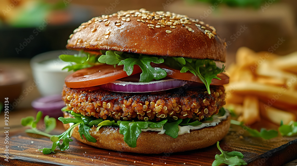 A mouthwatering vegetarian burger that rivals its meaty counterparts in both taste and satisfaction. Imagine a hearty chickpea and quinoa patty, seasoned with aromatic herbs and spices, nestled