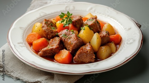 A serving of traditional Irish stew, with tender pieces of lamb, potatoes, and carrots, in a rich broth