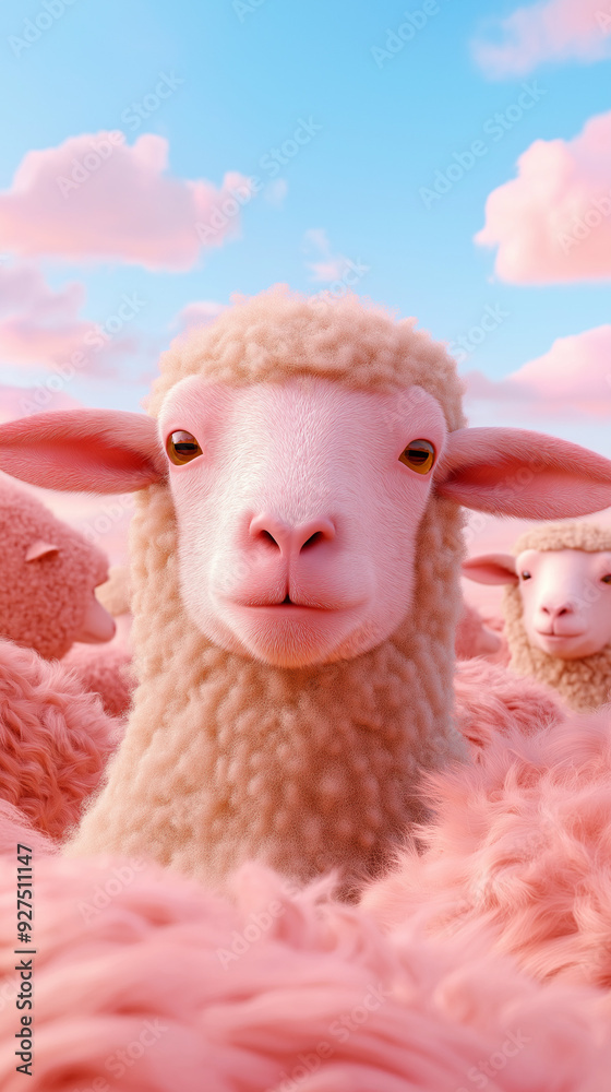 A pink-colored sheep stands surrounded by others under a pastel sky. A surreal take on nature and farm life. A pink-colored sheep stands surrounded by others under a pastel sky. A surreal take on nature and farm life.