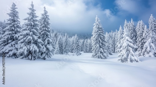 Snow-covered pine trees in a winter forest.