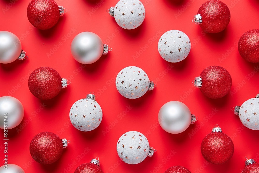 Red and white Christmas balls on red background flat lay  