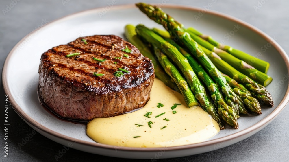 A tender filet mignon, grilled to perfection, served with a creamy barnaise sauce and sauted asparagus