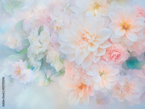 Soft pastel floral background with dahlias, roses, and other flowers.