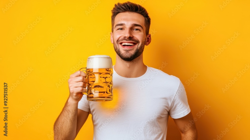 Cheerful Young Man Enjoying Fresh Pint of Beer on Vibrant Yellow Background Cheerful Young Man Enjoying Fresh Pint of Beer on Vibrant Yellow Background