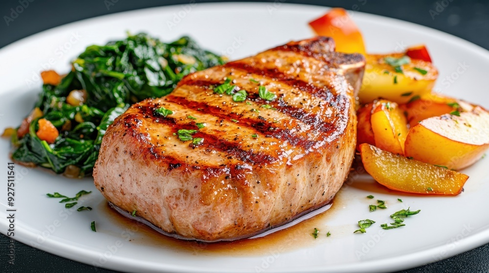 A tender pork chop, perfectly grilled, served with caramelized apples and a side of sauted spinach A tender pork chop, perfectly grilled, served with caramelized apples and a side of sauted spinach