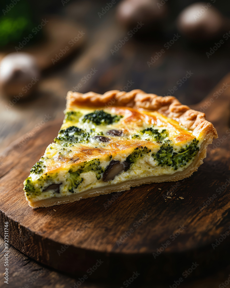 A gourmet broccoli and mushroom quiche with a flaky crust A gourmet broccoli and mushroom quiche with a flaky crust