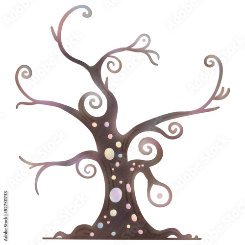 Watercolor illustration of a spooky haunted tree with ghostly features and swirling branches