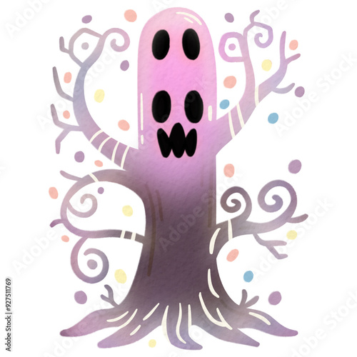 Watercolor illustration of a spooky haunted tree with ghostly features and swirling branches