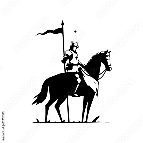 Minimalist Illustration of a Medieval Knight in Armor on Horseback with Flag