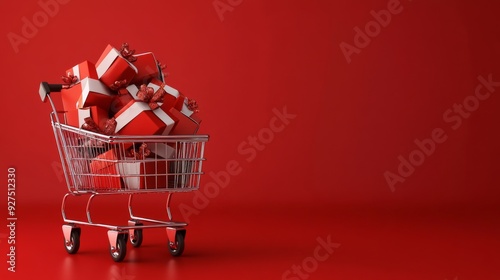 Shopping cart full of gift boxes on red background. Supermarket trolley with presents. Discounts, sales and promotions