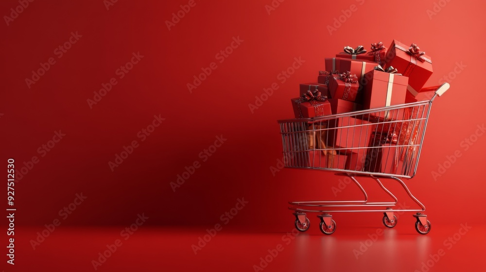 Shopping cart full of gift boxes on red background. Supermarket trolley with presents. Discounts, sales and promotions Shopping cart full of gift boxes on red background. Supermarket trolley with presents. Discounts, sales and promotions