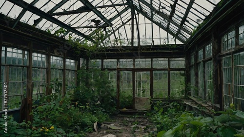 Abandoned greenhouse overgrown with plants in a secluded area during daytime