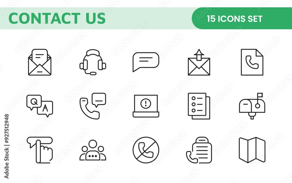 Contact icon set in outline style. Communication Line icons collection.