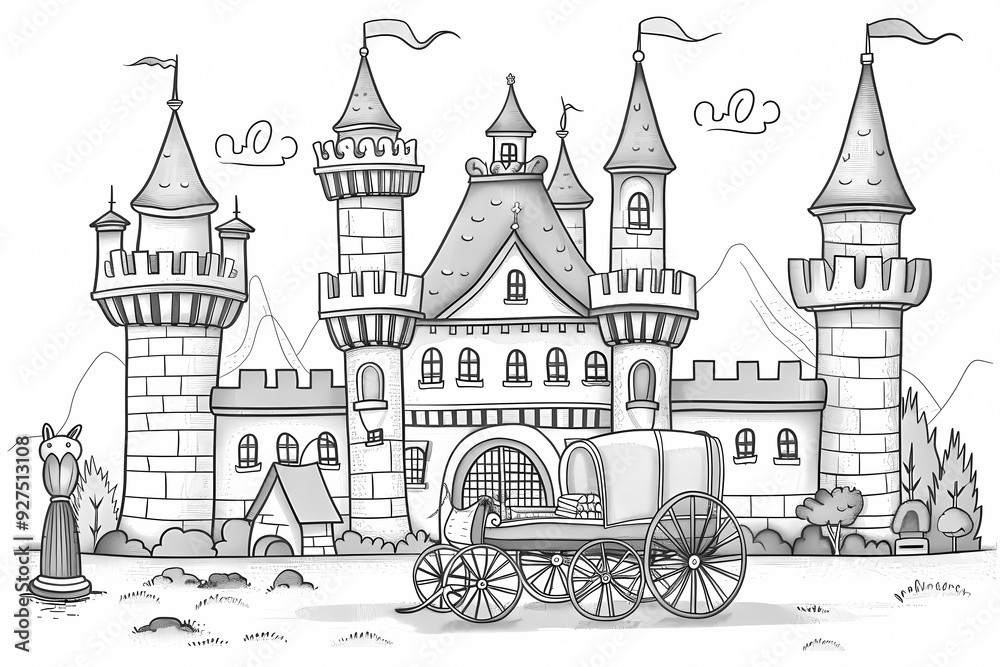 Fototapeta premium A whimsical black-and-white drawing of a fairy tale castle with turrets, a carriage, and playful surroundings, perfect for coloring activities.