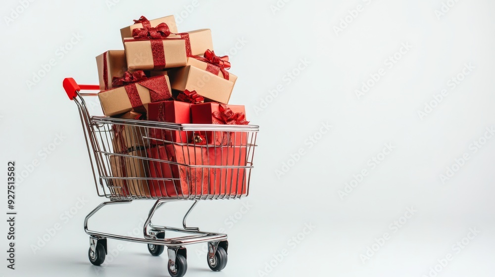 Shopping cart full of gift boxes on white background. Supermarket trolley with presents. Discounts, sales and promotions Shopping cart full of gift boxes on white background. Supermarket trolley with presents. Discounts, sales and promotions