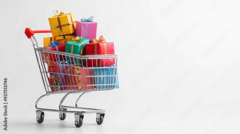 Shopping cart full of gift boxes on white background. Supermarket trolley with presents. Discounts, sales and promotions Shopping cart full of gift boxes on white background. Supermarket trolley with presents. Discounts, sales and promotions