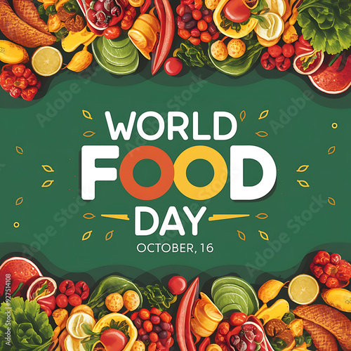 World food Day, October and modern typography text design sorrounding many fruits and vegetable are arranged photo