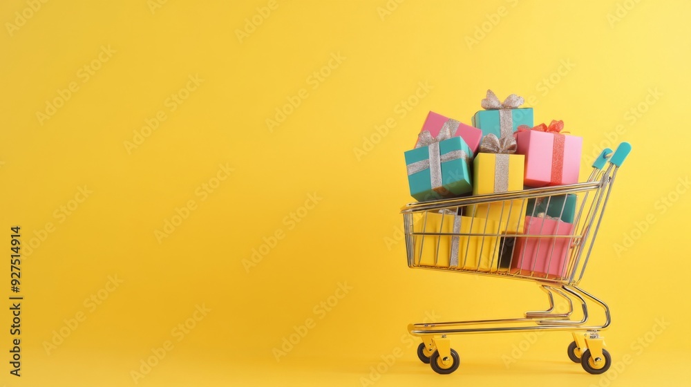 Shopping cart full of gift boxes on yellow background. Supermarket trolley with presents. Discounts, sales and promotions Shopping cart full of gift boxes on yellow background. Supermarket trolley with presents. Discounts, sales and promotions