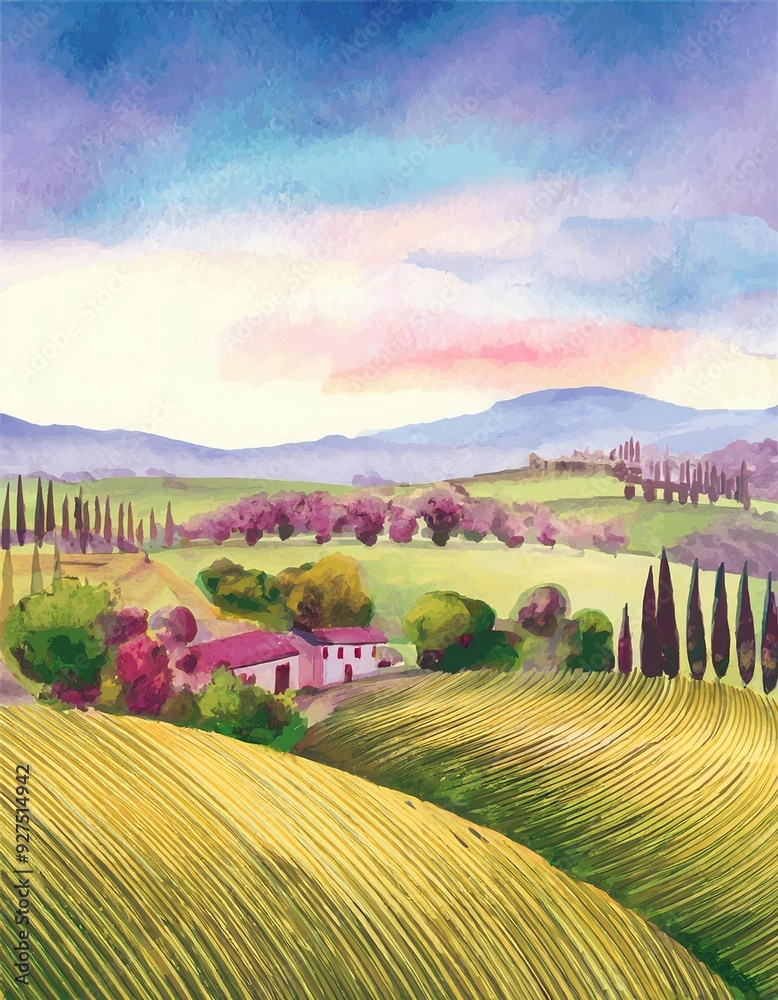 Obraz premium landscape with fields and hills sunset in region with New nature landscape illustration 