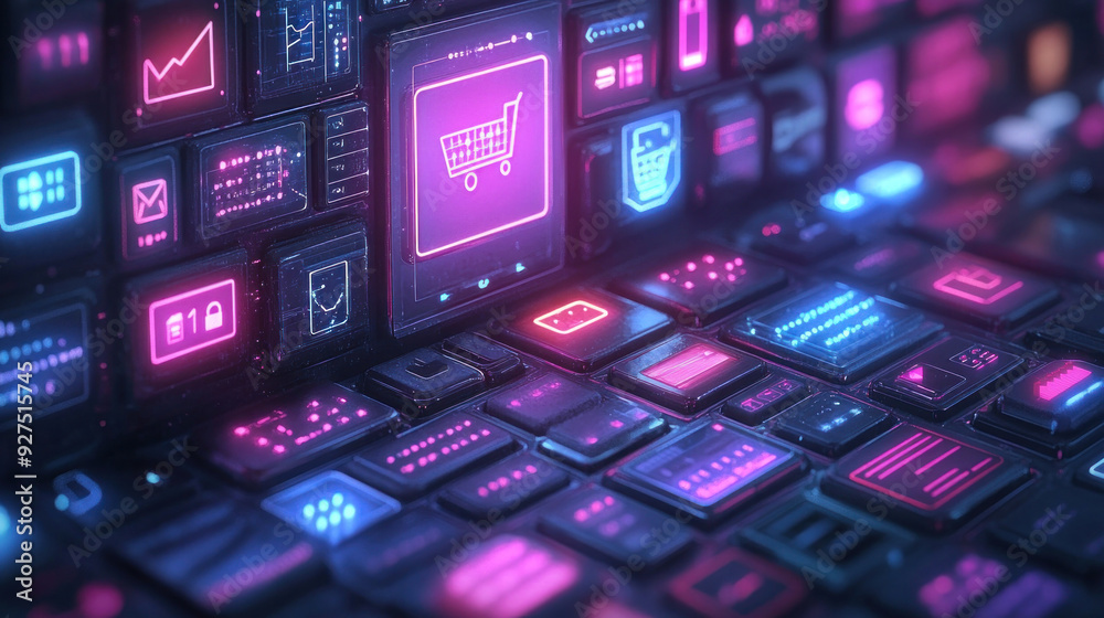 A digital illustration of an online shopping platform with user-friendly interface. A digital illustration of an online shopping platform with user-friendly interface.