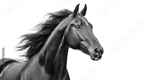Close-up portrait of a black horse isolated on a white background.