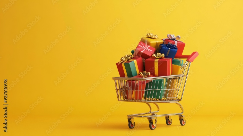 Shopping cart full of gift boxes on yellow background. Supermarket trolley with presents. Discounts, sales and promotions