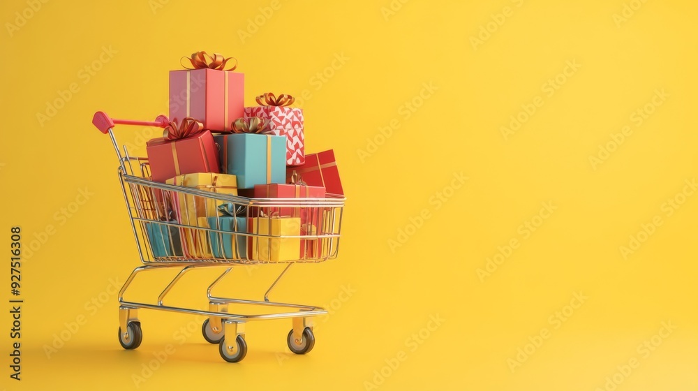 Shopping cart full of gift boxes on yellow background. Supermarket trolley with presents. Discounts, sales and promotions
