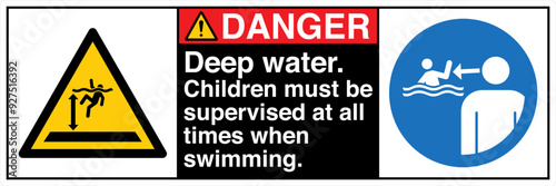 ANSI Z535 Safety Sign Marking Label Two Symbol Pictogram Standards Danger Deep water Children must be supervised at all times when swimming with text landscape black 02