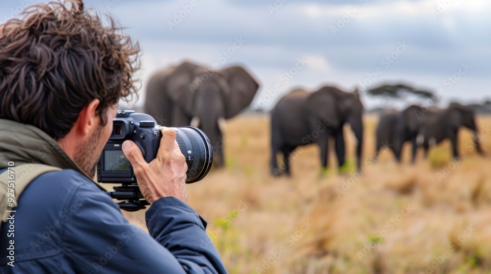 A photographer captures a herd of elephants in the African savanna. A photographer captures a herd of elephants in the African savanna.