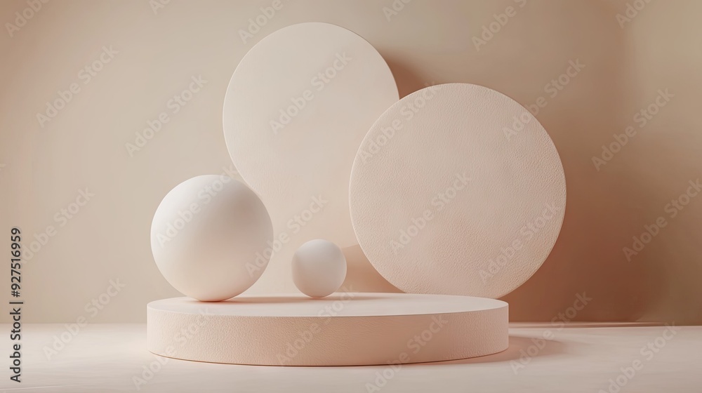 3D rendering of a minimalist podium with floating spheres in warm pastel tones. Soft, elegant scene for product display, with gentle colors creating a calming ambiance. 3D rendering of a minimalist podium with floating spheres in warm pastel tones. Soft, elegant scene for product display, with gentle colors creating a calming ambiance.