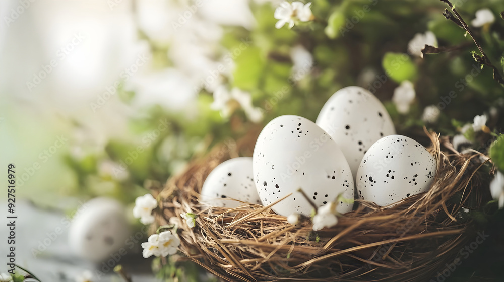 Fototapeta premium festive easter eggs with nature-inspired decorations arranged in a nest