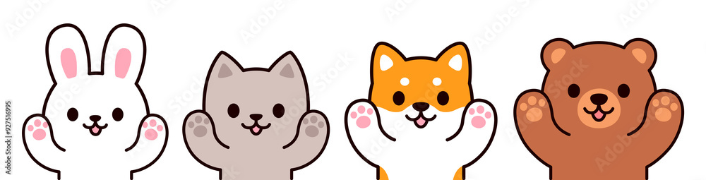 Fototapeta premium Cute cartoon animals with raised paws