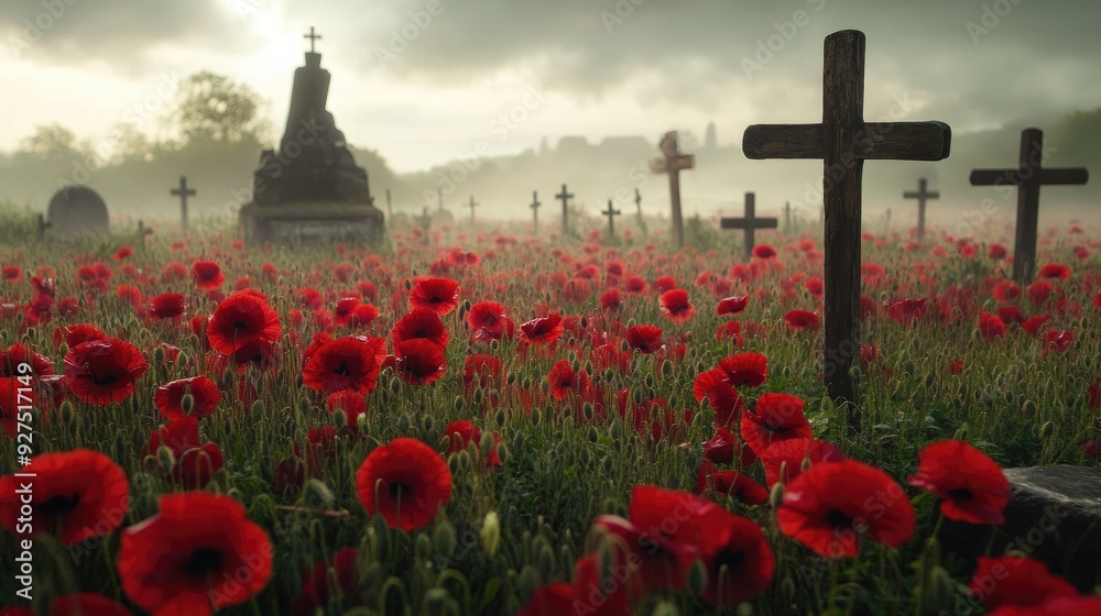 A field of poppies surrounds soldiers' graves with crosses, creating a touching Remembrance Day scene. A field of poppies surrounds soldiers' graves with crosses, creating a touching Remembrance Day scene.