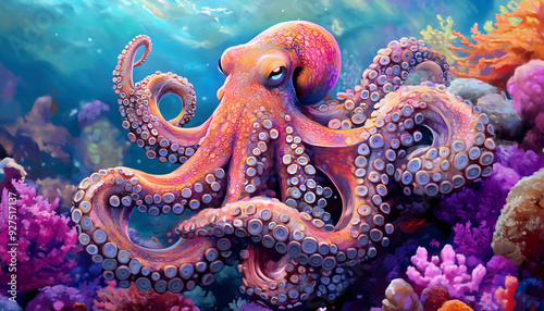 Fototapeta Naklejka Na Ścianę i Meble -  An abstract and vibrant illustration of an octopus in a coral reef