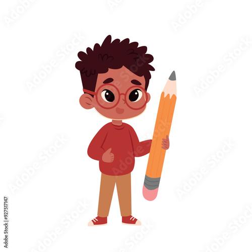 child with a pencil.boy vector illustration of child . boy holds brush 