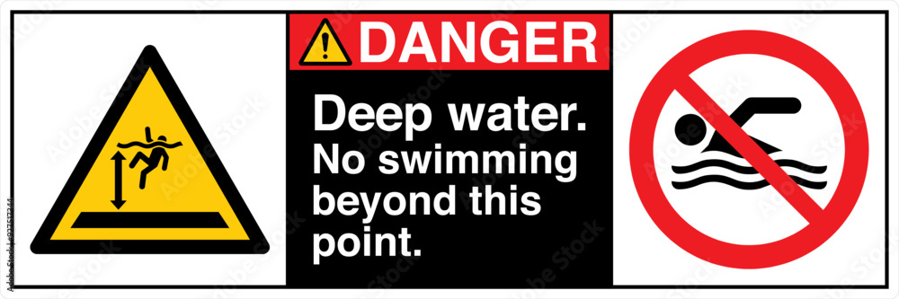 ANSI Z535 Safety Sign Marking Label Two Symbol Pictogram Standards Danger Deep Water No Swimming Beyond This Point with text landscape black 02 ANSI Z535 Safety Sign Marking Label Two Symbol Pictogram Standards Danger Deep Water No Swimming Beyond This Point with text landscape black 02