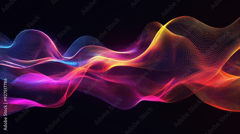 Obraz premium Abstract dynamic sound wave background with energetic, pulsating lines in vivid colors. Perfect for music, tech, and multimedia design. High-tech vector illustration.