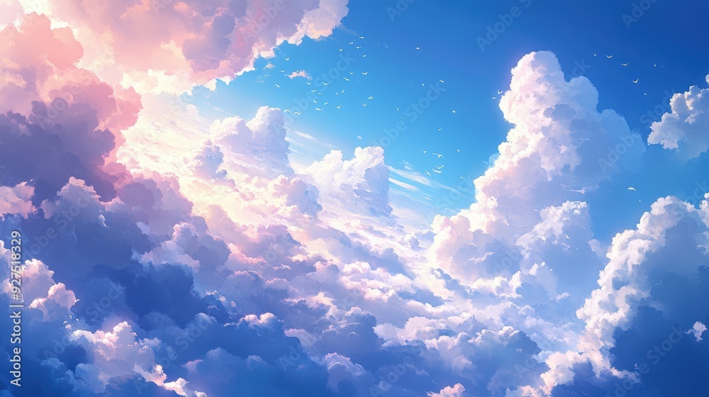 Tranquil Sky with Fluffy White Clouds, Perfect Nature Background for Design Projects Tranquil Sky with Fluffy White Clouds, Perfect Nature Background for Design Projects