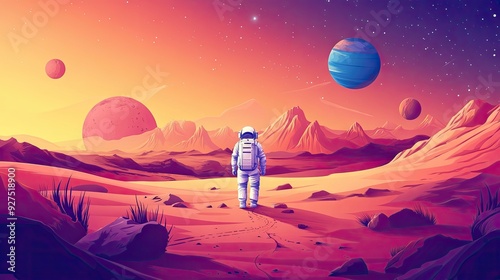 Astronaut exploring the Mars desert landscape, with extra-cosmic activities depicted against a vibrant cosmic scene featuring stars and planets. Modern, colorful vector design.