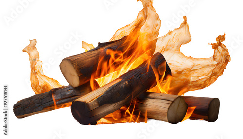 burning fire logs Splashes on a white isolated background. Generative AI. photo