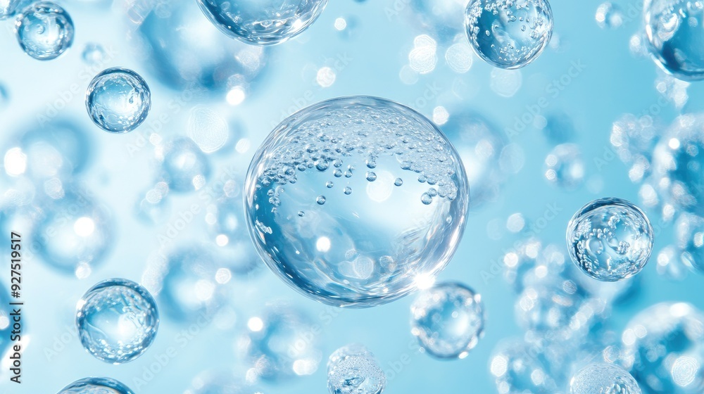 Blue background with hyaluronic acid serum and moisturizer, featuring water droplets being absorbed by skin cells. Ideal for medical and skincare product ads. Blue background with hyaluronic acid serum and moisturizer, featuring water droplets being absorbed by skin cells. Ideal for medical and skincare product ads.