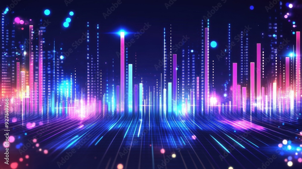 Blue music equalizer vector illustration with glowing bars and wave patterns. Modern digital design highlighting audio frequencies and sound balance.