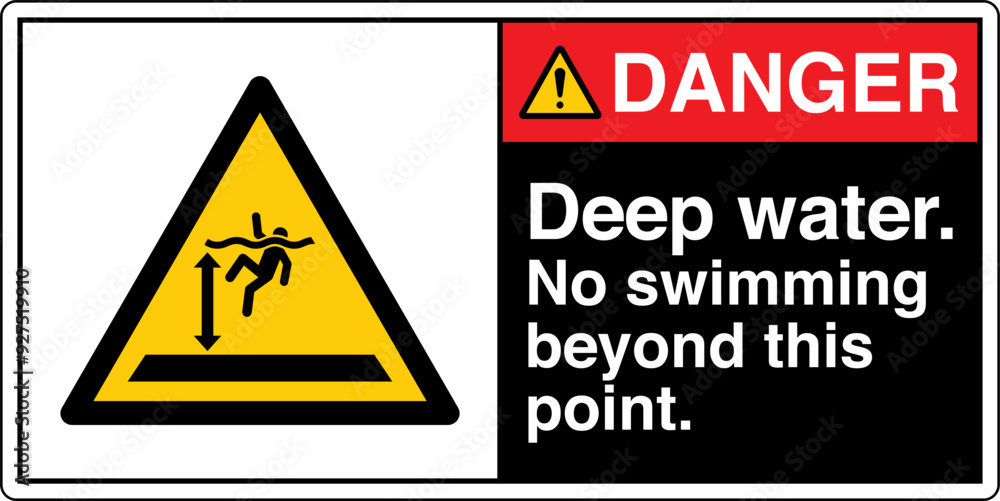 ANSI Z535 Safety Sign Marking Label Symbol Pictogram Standards Danger Deep Water No Swimming Beyond This Point with text landscape Black ANSI Z535 Safety Sign Marking Label Symbol Pictogram Standards Danger Deep Water No Swimming Beyond This Point with text landscape Black