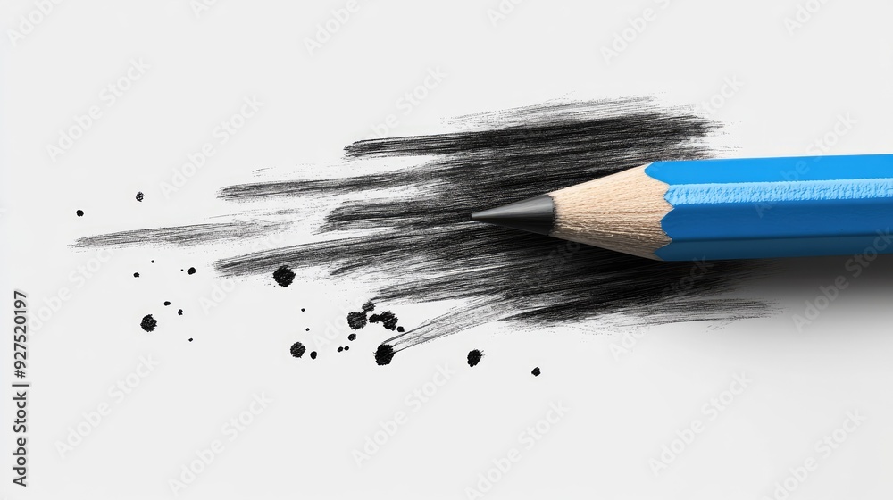 Blue wooden pencil with black lead tracing clean line strokes on a white-gray background. Back to school, art, or creative design concept for education and business themes. Blue wooden pencil with black lead tracing clean line strokes on a white-gray background. Back to school, art, or creative design concept for education and business themes.