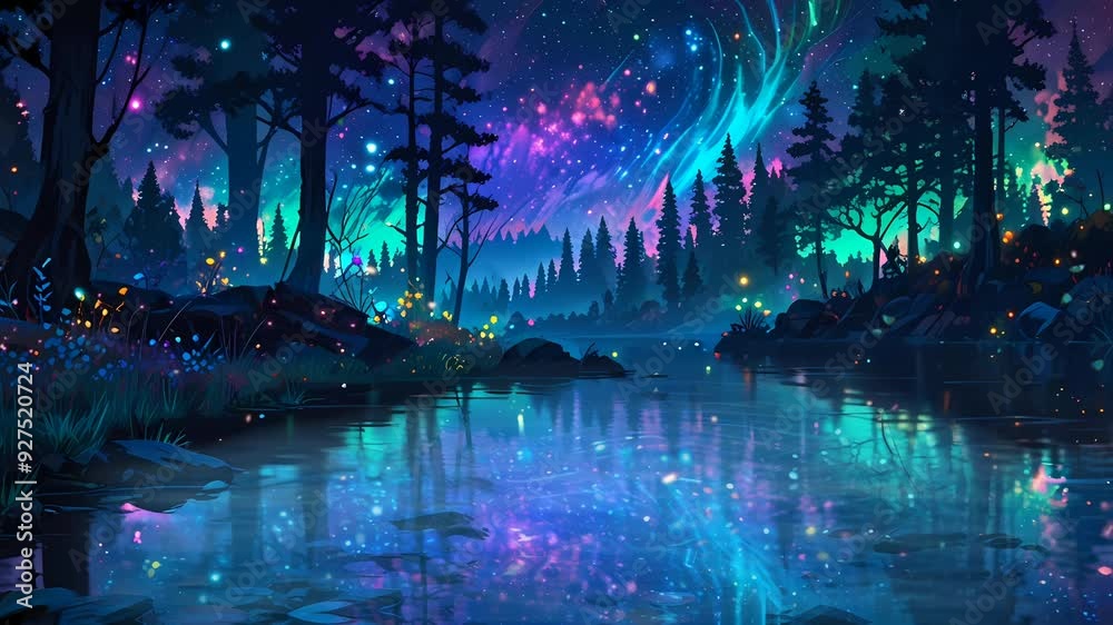 A mystical forest aglow with ethereal light, where vibrant flora and fauna dance in the enchant Seamless looping 4k time-lapse virtual video animation background A mystical forest aglow with ethereal light, where vibrant flora and fauna dance in the enchant Seamless looping 4k time-lapse virtual video animation background